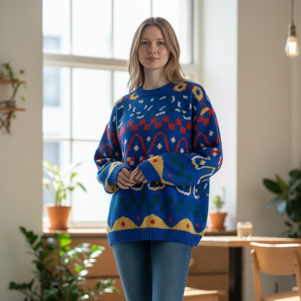 Vintage Marc Michel New York Sweater Men Blue Geometric Knit Pullover